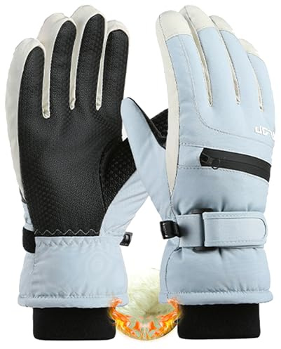 Bawnhaw Kids Winter Snow Ski Gloves Water Repellent Teen Girls Boys, Blue | Warm Faux Plush Lined, PU Anti Slip Palm, Touchscreen, Zip Pocket, Adjust Windproof Cuff, Cold Weather Skiing Playing Cycling