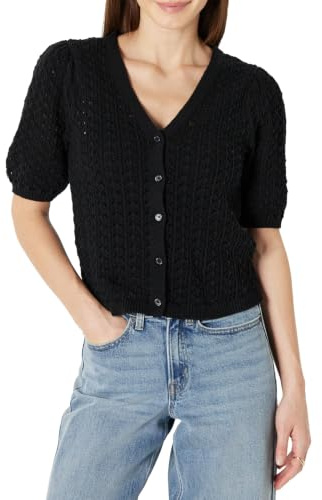 Amazon Essentials Cardigan da Donna a Maniche Corte all'Uncinetto, vestibilità Comoda, Nero, M