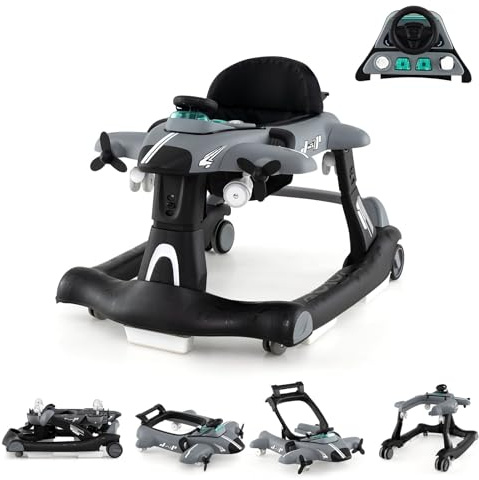 LIFEZEAL Baby Lauflernhilfe, Klappbares Babywalker mit einstellbarer Geschwindigkeit, 6 in 1 Laufauto mit Esstablett, Musik, Lichtern, Lauflernwagen für Kinder ab 6 Monaten (Grau)