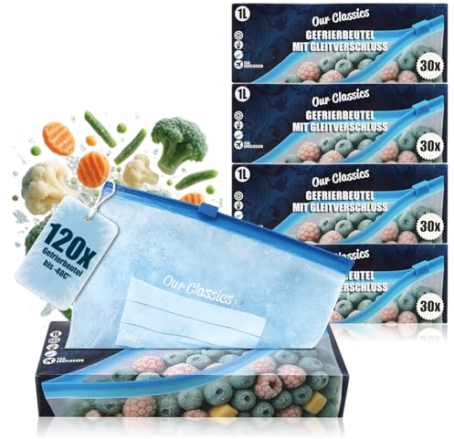 com-four® 120x sacs de congélation 1 L, sachets alimentaires refermables | protection des arômes et fraîcheur prolongée