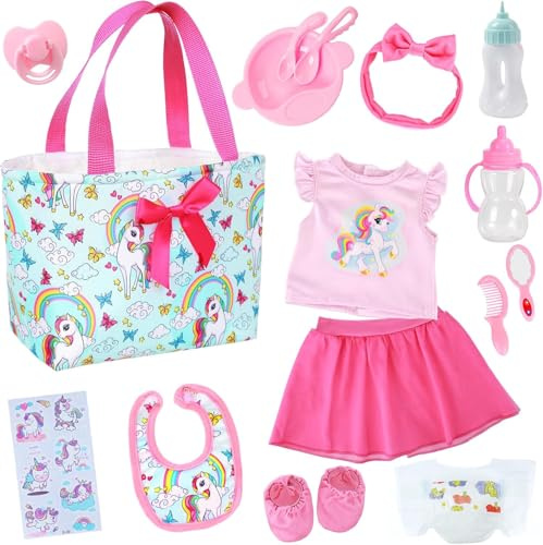 Babypuppe Zubehör Set – 13-teilig mit Puppenwickeltasche Kleid Kamm Spiegel Windel Lätzchen Aufkleber Essgeschirr Schnuller Fläschchen Für 18 Zoll Puppen Geschenk für Mädchen