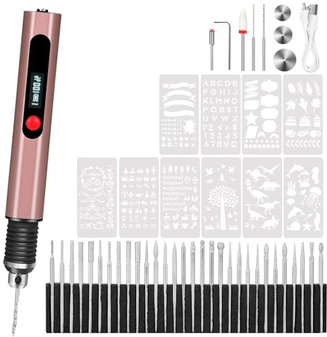 Cordless Engraving Pen, 3-Speed Electric Engraving Tool Kit, Engrave 50+ Surfaces, with 30 Small Drill Bits, 8 Grinding Accessories and 10 Engraving Templates, USB for Wood Resin Stone Jewelry