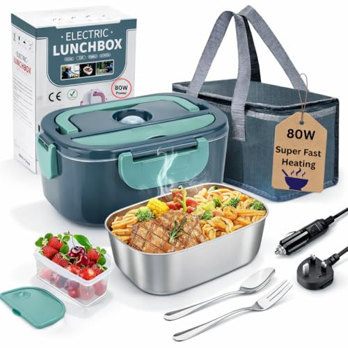 100W Electric Heated Lunch Box, 1.5L Removable Stainless Steel Container, Leakproof Food Warmer for Adults, 12V/24V Car & Truck + 110-230V Home/Office (80W Fast Heating)