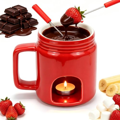 sudatong Schokofondue Tasse Keramik Schokoladenfondue, Schoko Fondue Becher Set mit Gabel - 200ML Mini Schokofondue Tasse für Schokolade Käse Butter Fondue Topf für Zuhause Küche Liebhaber