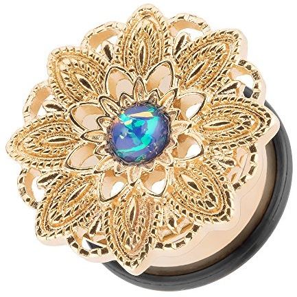 Piercingfaktor Flesh Tunnel Ohr Plug Piercing Ohrpiercing Vintage Tribal Ethno Boho Edelstahl Mandala Blume mit Opal Gold 10mm