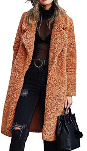 Angashion Women's Fuzzy Fleece Lapel Open Front Long Cardigan Coat Faux Fur Warm Winter Outwear Jackets Caramel M