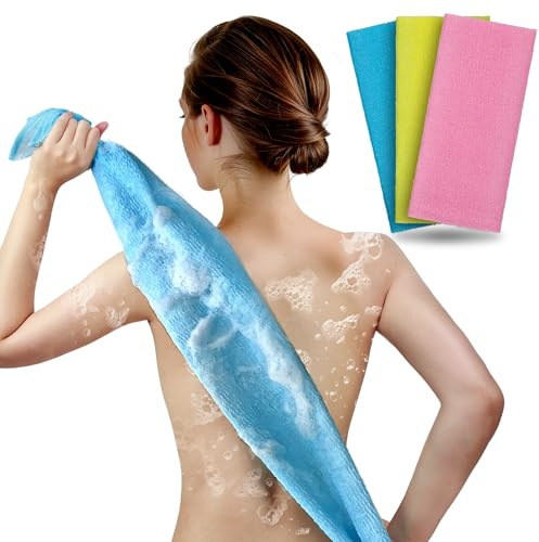 ARCH&M Exfoliating Washcloth Body Scrubber - 35-Inch Japanese & Korean-Style Back Scrubber Towel for Daily Use in Shower, Textured Poly Nylon Body Washcloth for Smoother-Looking Skin, Quick-Dry 3 Pack
