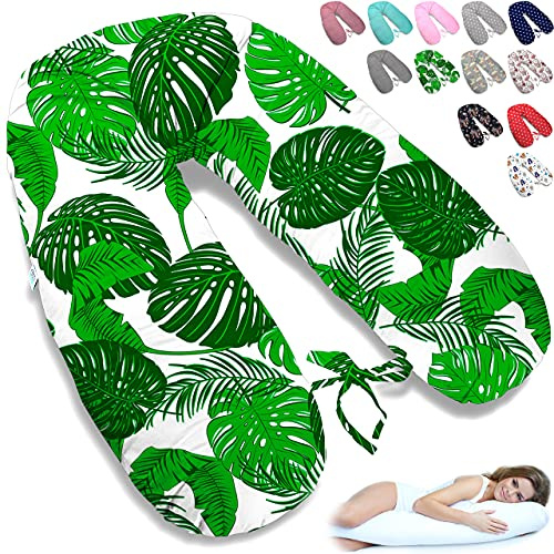 ekm trade 170cm XXL Stillkissen Schwangerschaftskissen Lagerungskissen Seitenschläferkissen große Farbwahl Handmade Baumwolle 100% aus Zertifizierte Materialien (36 – Monstera Blätter)