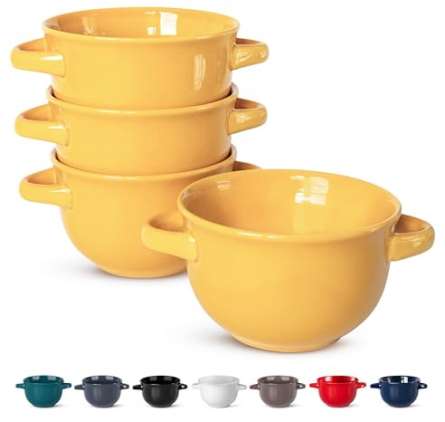 KooK French Onion Soup Bowls, Crocks, Oven Safe Bowls, Soup Mugs, Ceramic Bowls, Dishwasher, Microwave, Set of 4, 18 oz (Yellow)