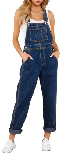 Vetinee Women's Nightfall Blue Classic Adjustable Straps Pockets Boyfriend Denim Bib Overalls Jeans Pants Large