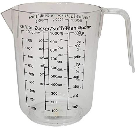 Iloda® Messbecher 1 Liter Kunststoff glasklar, Meßbecher klar Plastik für Küche, Messkrug transparent, Messbehälter für Flüssigkeiten bis 1Liter, Zucker bis 1000g und Mehl bis 800g
