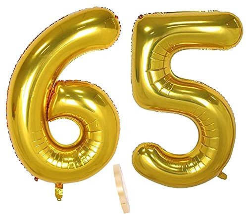 2 globos numeros 65 años, Number globo número 65 Dorado para Hombres Mujeres niños,40 Figuras Gold globo de lámina de helio inflable, gigante grande decoración fiesta de cumpleaños boda (xxxl 100cm)