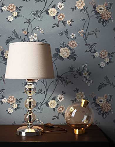 Newroom Tapete Grau Vlies Blumentapete - Landhaus Romantisch Floral Blüten für Wohnzimmer Schlafzimmer