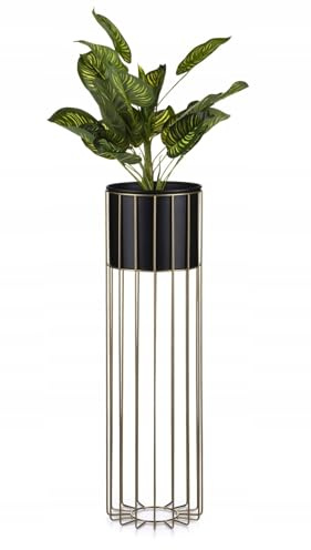 HowHomely Moderne Blumenständer Metall 70 cm Hoch mit Schwarz Blumentopf Rund 19 cm Ø auf Robuste Gold Ständer - Pflanzenständer zur Dekoration Innenräumen