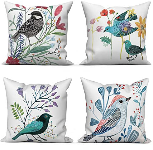 ASDCXZ Juego de 4 fundas de cojín de primavera de 40 x 40 cm, diseño de flores frescas y pájaros, funda de cojín decorativa, funda de cojín lavable de poliéster y lino, para exterior