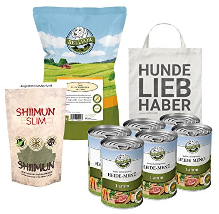 Bellfor Futterset für kleine, ernährungssensible Hunde – Landgut-Menü Nassfutter mit Insekten 6×400 g + Landgut-Happen 200 g + Shiimun Slim 50 g + Jutebeutel