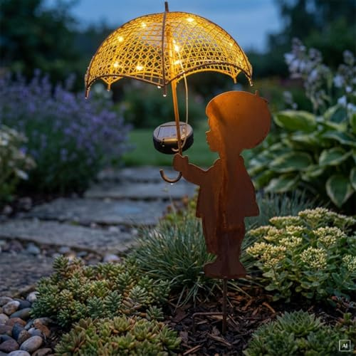 abc HOME Solar Gartenstecker Junge mit Regenschirm – 47 cm hohe Edelrost-Gartenfigur aus Metall – LED Solarleuchte mit 22 LEDs & Lichtsensor – Wetterfeste Gartendeko in Rost-Optik