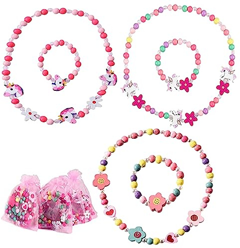 Zkaoai Set di 6 gioielli in legno per bambini, gioielli da ragazza, collana e bracciale, perline in legno colorato, per compleanno, bambini, pensierino, principessa e ragazza, Legno