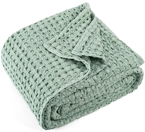 Carriediosa 100 % Baumwolle, Waffelgewebe, Überwurfdecke, Sommer, atmungsaktiv, leicht, weich, für Bett, Couch, Sofa, gemütliche Thermodecke für alle Jahreszeiten, Überwurfgröße, salbeigrün