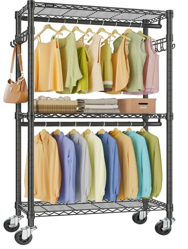 VIPEK R2 Clothes Rack Heavy Duty Clothing Rack for Hanging Clothes, Rolling Garment Rack Adjustable Closet Racks with Double Rods & Hooks, Freestanding Wardrobe Closet Coat Storage Racks, Black