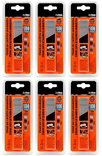 Tradineur - Pack de 6 blisters de 1000 Clavos para grapadoras neumáticas - Fabricado en hierro - Clavos de 2 x 20 mm