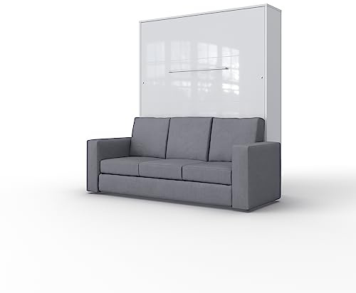 MAXIMAHOUSE Schrankbett vertikal mit Sofa, Invento LED 160V mit Lattenrost aus Holz, Wandklappbett 160x200 Erwachsene, modern Concept und Design (Weiß/Weiß Glanz + graues Sofa)