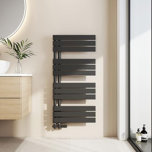 EMKE Badheizkörper Flach 1041x500 mm, Handtuchheizkörper mit Seitenanschluss, Effizienter Handtuchwärmer Handtuchtrockner Heizkörper für Bad, Schwarz, 529W