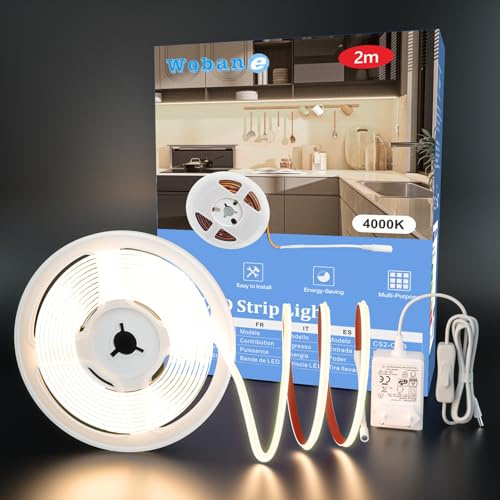 WOBANE COB LED Streifen 2m mit Schalter, 640 LEDs, CRI90+, 900lm, 4000K | Keine Dunklen Bereiche, Selbstklebend, 12V Netzteil, Flexibel & Kürzbar, für Schlafzimmer, Schreibtisch, Werkbank, TV, Regal