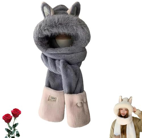 Kapuzenschal for Damen, Winter, Warmer Schal aus Kunstfell, niedliche Fuchsohren, 2-in-1-Mütze und Schal, Mütze, Handschuhe, Kombination mit niedlichen Fuchsohren (Color : Gray)