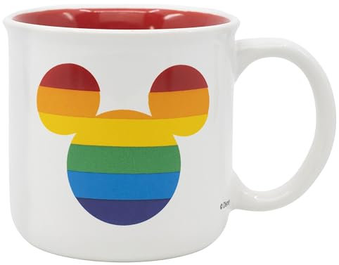 Elbenwald Pride Tasse mit Love Schriftzug und Mickey Symbol im Regenbogen Design 400 ml 9 cm Höhe für Disney-Fans Keramik Weiß Rot