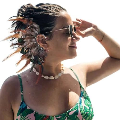 Handmade Brown Feather Ear Cuff Earrings Wrap,American Indian Style Feather Ear Jacket,Clothing Decoration Wedding Jewelry（Left Ear）