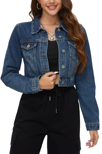 PEIQI Women's Button Down Long Sleeve Cropped Denim Jean Jackets with Pockets Denim Blue A Medium