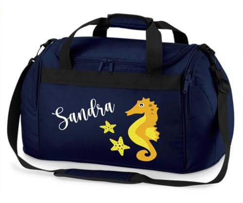minimutz Sporttasche Schwimmen für Kinder - Personalisierbar mit Name - Schwimmtasche Seepferdchen Duffle Bag für Mädchen und Jungen (dunkelblau)