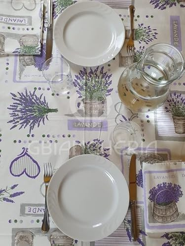 GBiancheria Tovaglia da tavola Stampata in 100% Cotone con TOVAGLIOLI Dis. LAVANDA Adatta per l'uso quotidiano Prodotto Ideato, Tessuto e Confezionato in Italia (Per 6 Persone 140x180cm)