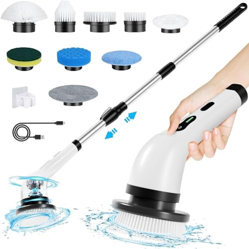 yorraka Brosse Electrique Nettoyage Rotative - Brosse électrique avec 9 Têtes de Brosse Remplaçables, Electric Spin Scrubber avec Poignée Réglable, pour Salle de Bain Cuisine Voiture, C2-EU