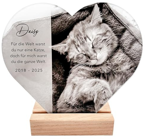 Gedenktafel Katze personalisiert mit Foto aus Acrylglas 20 x 22 cm | Personalisiert, Acrylglas mit Echtholzfuß, 20 x 22 cm, Andenken an verstorbene Katzen, zur Erinnerung & Trauer