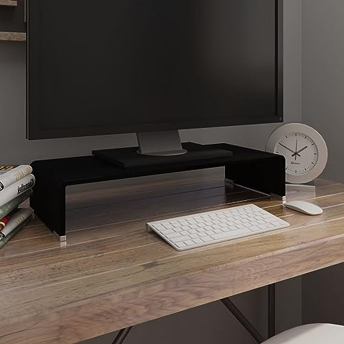 Homgoday TV-Ständer aus schwarzem Glas, 60 x 25 x 11 cm, Möbel, TV-Schrank, Wohnzimmer, niedriger Schrank für industrielle Fernseher, TV-Ständer