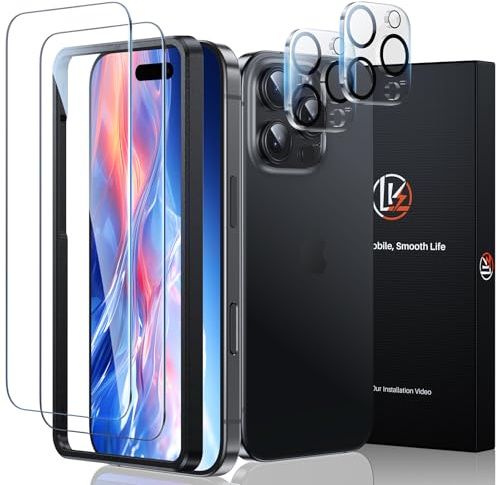 LK 2+2 Pezzi Vetro Temperato per iPhone 16 Pro, 2 Pezzi Pellicola Protettiva e Protezione Fotocamera, Durezza 9H, Anti Graffio, HD Schermo Pellicola, con Strumenti di Installazione