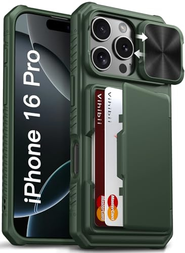 Vihibii for iPhone 16 Pro Case with Card Holder (4 Cards), Green | [RFID Blocking], Slide Camera Cover, Rugged Hard Back & Silicone Edge, Wallet Phone Case for iPhone 16 Pro 6.3 2024