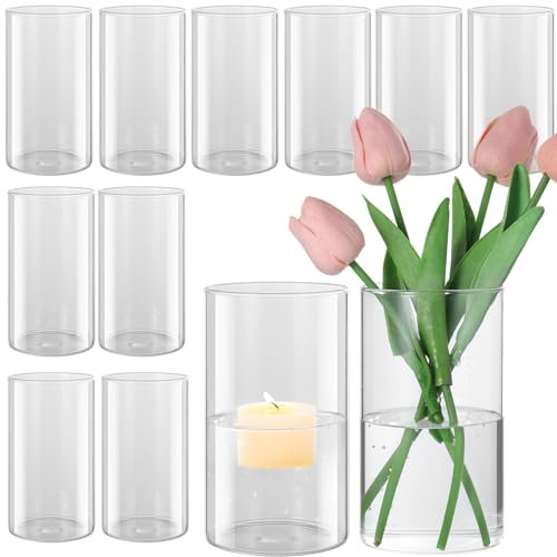 YOFAPA zylindrische Glasvasen, 12 Stück klare Blumenglasvase, Hurrikan-Kerzenhalter für Säule, Esstisch-Mittelstück-Dekoration, Hochzeitsfeier-Mittelstück, Heimdekor für Tischplatten