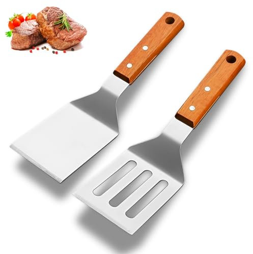 Juego de espátulas de acero inoxidable, juego de 2 espátulas para barbacoa, espátulas de cocina, espátulas lisas y perforadas con mangos de madera para teppanyaki, hamburguesas, carne, pizza,