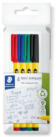 STAEDTLER Noris 307 Fineliner – 4er Set, bunt, 0,6 mm | Wasserbasierende Tinte, recyceltes Gehäuse – für Kinder & Erwachsene – Art.-Nr. 307 C4