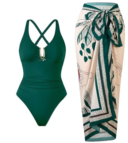 BAWHAHT One Piece Swimsuit Women with Cover Up Set Retro Bathing Suit for Women Tummy Control Beach Wrap Skirt Green