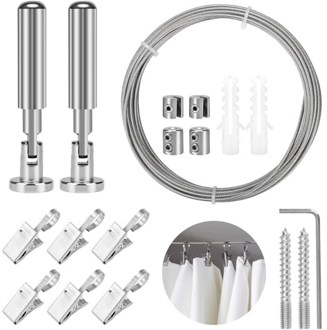 5m Wall Mount Curtain Wire Rod Set, Stainless Steel Cable Railing with 6 Metal Clips, Stainless Steel Cable Rope, Heavy Duty Clothesline Wire for Light/Lamp Photos Art Projects Clothesline