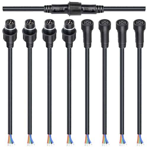 Kit di connettori per cavi impermeabili a 5 pin, connettori maschio femmina 16 AWG 28 cm con giunto stagnato per cavi impermeabili fai da te (4 set neri)