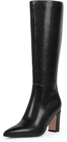 VIUGJNEX Knee High Black Boots for Women Pointed Toe 3 Inch High Chunky Block Heel Tall Long Boots Fall Dressy Comfortable, Size 7