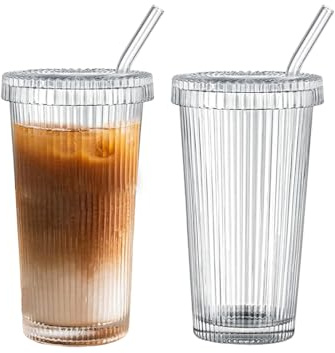 Set aus 2 gestreiften Gläsern, 375ml Smoothie-Becher mit Deckeln und Strohhalmen für Eiskaffee, Cappuccino, Latte, Wasser, Eistee, blei-freies Glasgeschirr für zu Hause und im Büro