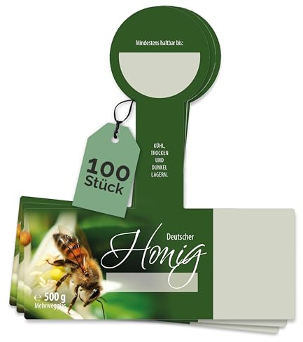 Apoidea – Honig Etiketten 500 g mit Gewährverschluss nassklebend – 100 Stück zum Stempeln/Etiketten Honiggläser/Honig Aufkleber für selbstgemachten Honig/Honigetiketten für Honiggläser