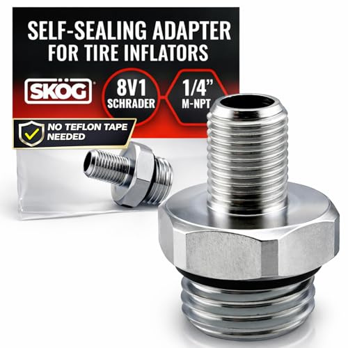 SKÖG Self-Sealing Tire Inflator Adapter (1 Pack) – 1/4” NPT Male to Schrader Valve, Leak-Free O-Ring, No Tape Needed