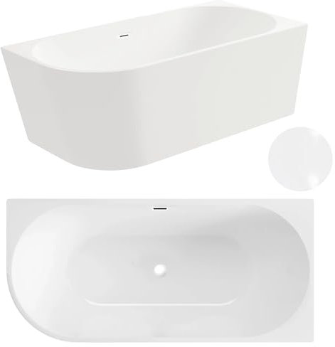 Aquauno, vasca angolare autoportante a destra, 160 x 80 cm, ovale, in acrilico di alta qualità, con scarico click, troppopieno, copertura e scarico in bianco, design moderno